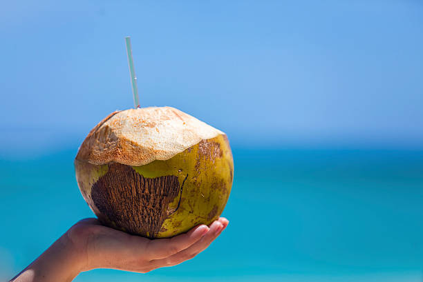 Holding Tropical Coconut Cocktail stock photo