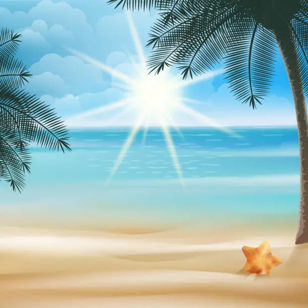 Vector illustration of Tropical beach with Starfish design template.