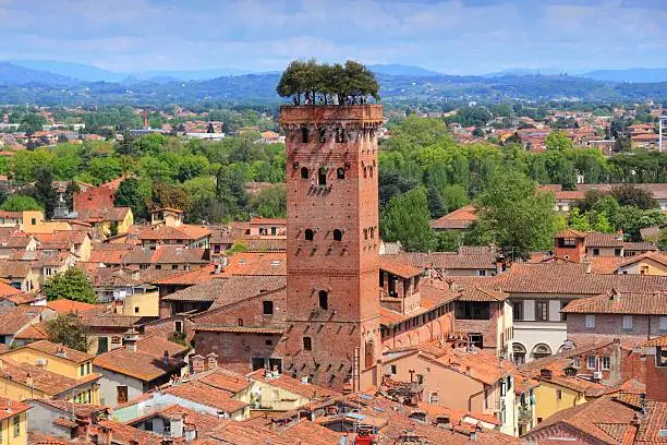 Lucca, Italy - medieval town of Tuscany. Aerial view with Guinigi Tower.