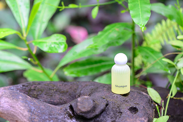 istock Spa shampoo on wooden stump in natural background. 487004042