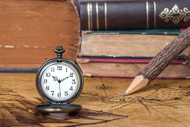 istock Vintage pocket watch on old map background 487005178