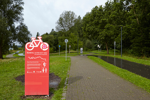 Bochum, Germany  - July 25, 2015: The Ruhr Valley Bicycle Trail at the Reservoir Kemnade in Bochum (Germany, Northrhine Westphalia) taken on July 25, 2015.