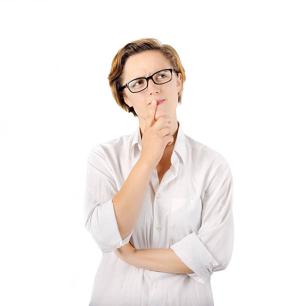istock Smart Woman Thinking. Short Hair and Glasses Thinking Expression. 487014506