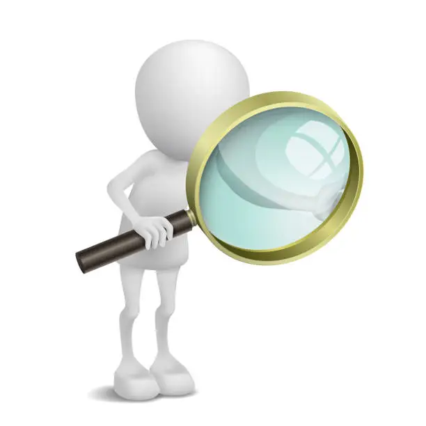 Vector illustration of 3d person is using the magnifying glass