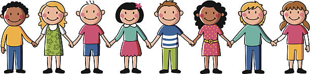 Kids holding hands Muticultural kids holding hands. Objects are grouped and in separate layers. kids holding hands stock illustrations