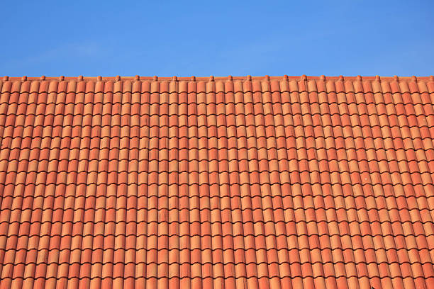 dark brown roof against blue sky stock photo