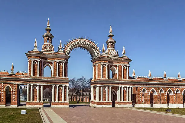 Gallery fence with gate in Tsaritsyno Park, Moscow, Russia