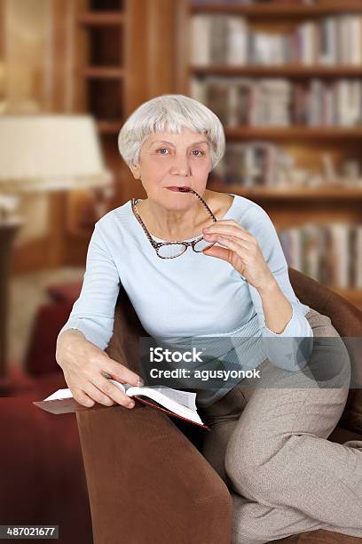 Elderly Woman With Book And Glasses Sitting In A Chair Stock Photo - Download Image Now