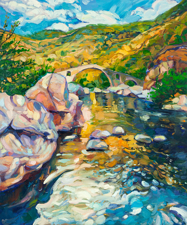 Original oil painting of  stone bridge and river in the mountains on canvas.Modern Impressionism