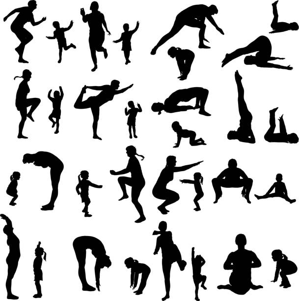 ilustraciones, imágenes clip art, dibujos animados e iconos de stock de vector silueta de una mujer con el niño. - stretching exercising gym silhouette