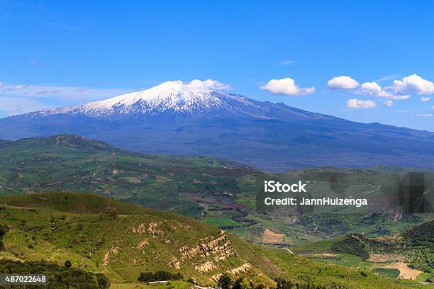 Panorama Of Mount Etna In Spring Sicily Stock Photo - Download Image Now - Mt. Etna, Snow, 2015