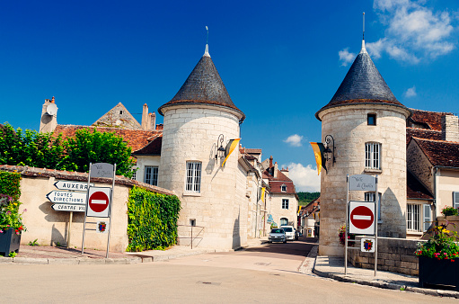 Town square of the village of Chablis in the Burgundy region of France.