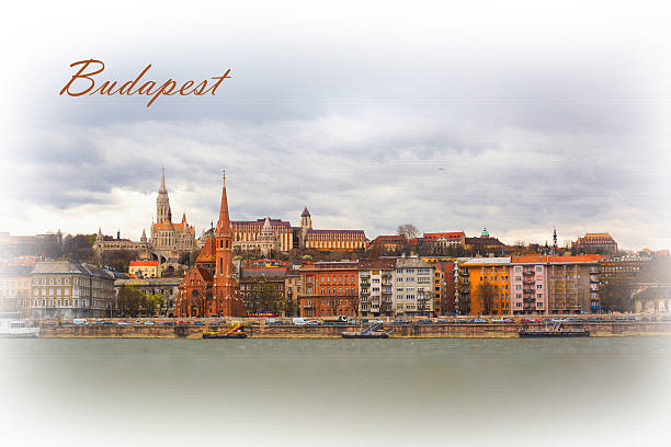 Textured Postcard or poster with Buda side view of Budapest with St. Matthias and Fishermen's Bastion from Danube river