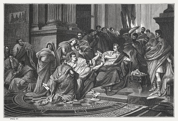 Caesars death, published in 1878 The Death of Roman emperor Julius Caesar (100 BC - 44 BC). Wood engraving after a painting (1865) by Carl Theodor von Piloty (German painter, 1826 - 1886) in the Lower Saxony State Museum Hannover, Germany, published in 1878. assassination photos stock illustrations