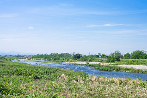 青い空、多摩川川床 - riverbed ストックフォトと画像