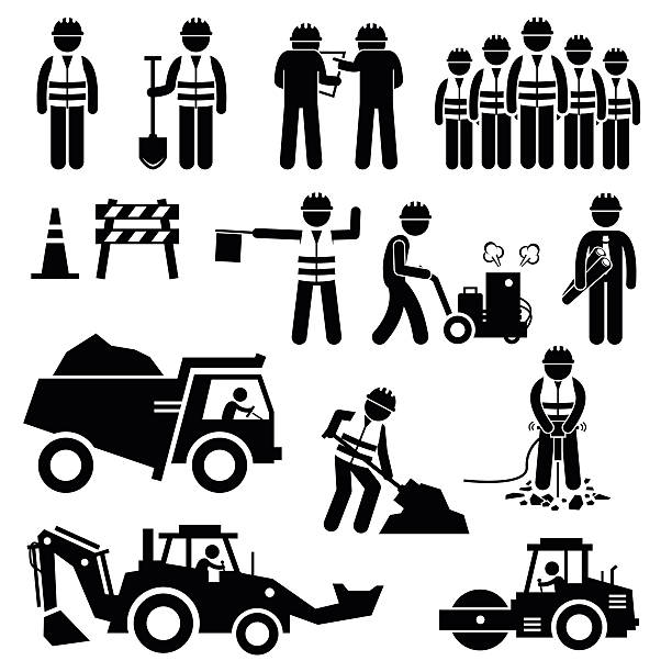 ilustrações de stock, clip art, desenhos animados e ícones de estrada construção trabalhador stick figura pictograma ícones - construction worker silhouette people construction