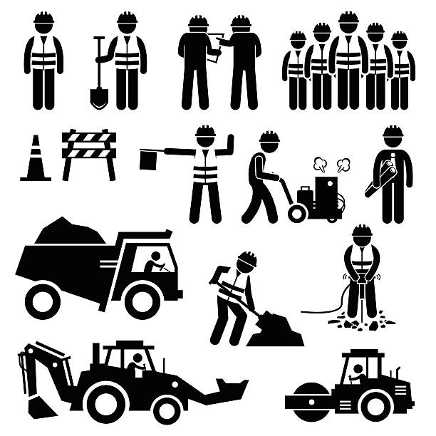 Road Construction Worker Stick Figure Pictogram Icons A set of pictogram representing road construction with workers and engineers working as a team. This sets include cone, barriers, truck, bulldozer, road roller, jackhammer, and other road construction equipments. construction stock illustrations