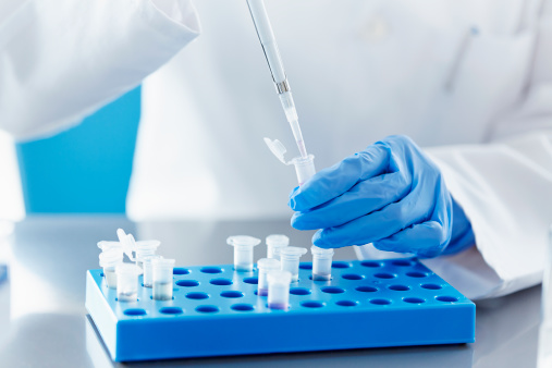 Scientist pipetting solution into an eppendorf tube in modern laboratory