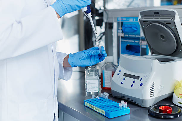 Scientist pipetting samples into eppendorf tubes stock photo