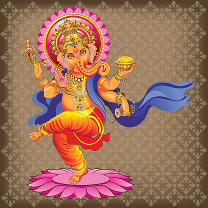 Dancing Ganesha on ornamented background