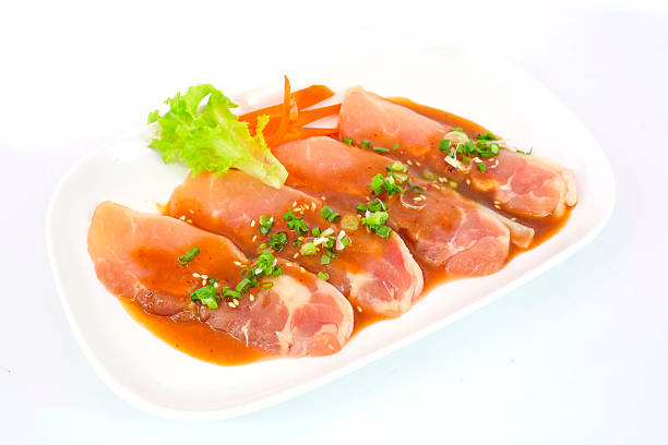 istock Fresh slices of chicken isoloate on white background 487044916