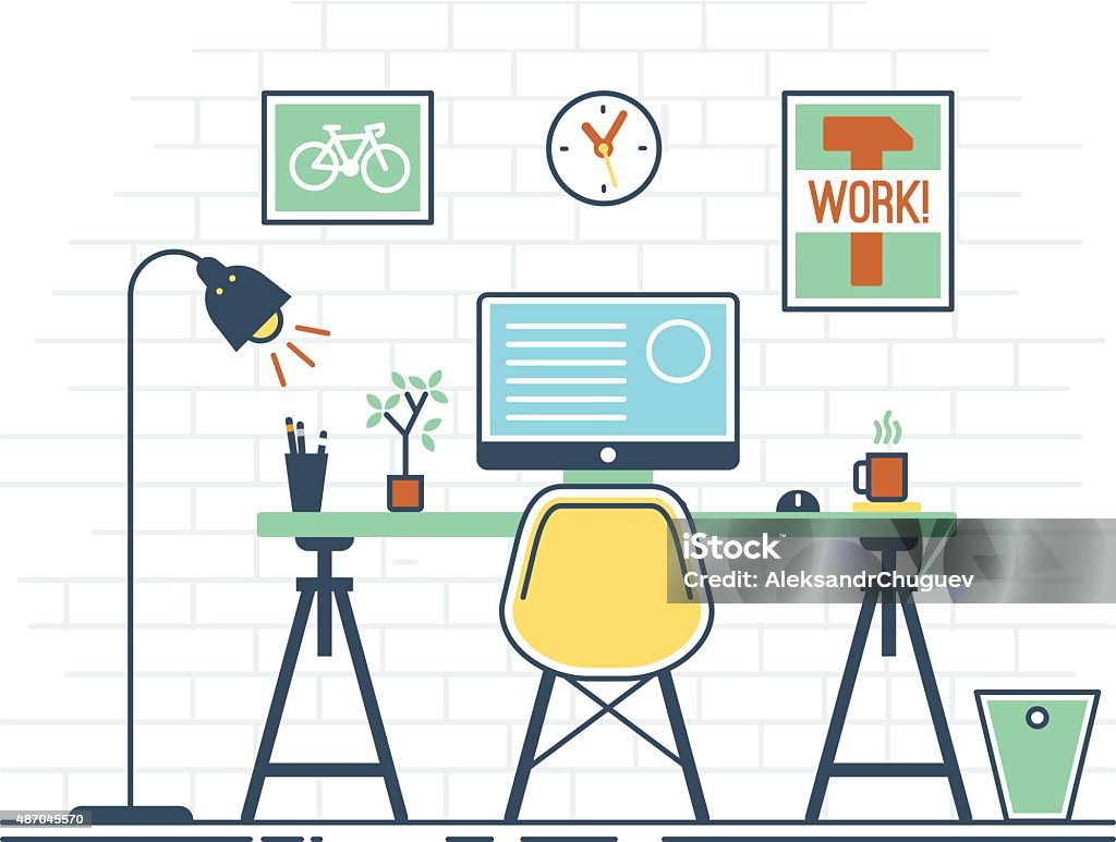 Working place Vector illustration of modern working place with desktop computer, table, chair, lamp, posters, clock, etc. Thin line illustration. Flat design. 2015 stock vector