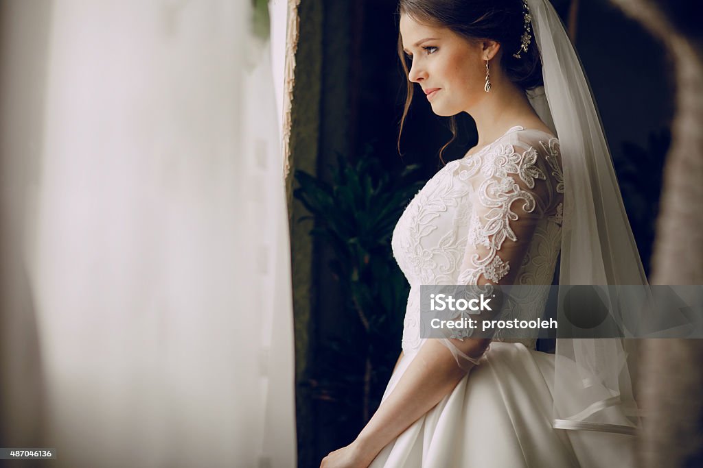 morning bride home bride preparing for her wedding morning posing for a photo 2015 Stock Photo