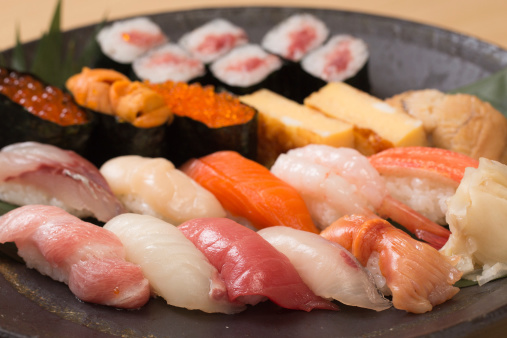 Traditional and authentic Japanese sushi with various kinds of fresh raw fish, Tokyo