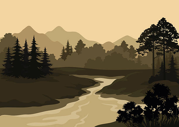 Landscape, Trees, River and Mountains Night Landscape, Mountains, River and Trees Silhouettes. Vector lake illustrations stock illustrations