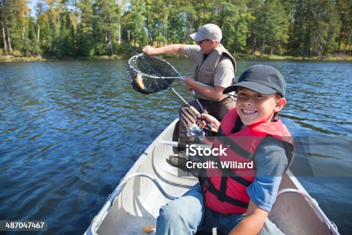 istock Young boy fisherman smiles at catch of nice walleye 487047467