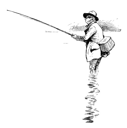 A Victorian angler standing up to his knees in water, holding his fishing rod and hoping for the best. Illustration from “Sweetheart Travellers - A Child’s Book for Children, for Women, and for Men” by S.R. Crockett; illustrated by Gordon Browne and W.H.C. Groome; published in London by Wells, Gardner, Darton & Co in 1896 (3rd edition). 