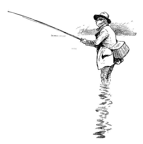 Victorian angler A Victorian angler standing up to his knees in water, holding his fishing rod and hoping for the best. Illustration from “Sweetheart Travellers - A Child’s Book for Children, for Women, and for Men” by S.R. Crockett; illustrated by Gordon Browne and W.H.C. Groome; published in London by Wells, Gardner, Darton & Co in 1896 (3rd edition). fly fishing illustrations stock illustrations
