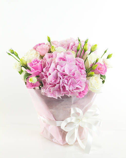 istock Pink flowers in vase isolated. 487049152