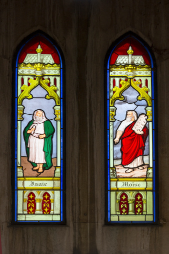 Stained glass windows with Isaac and Moses at the cemetary Montparnasse in Paris, France