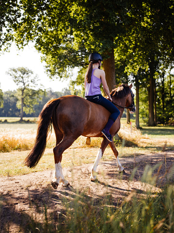 Full length image of a girl riding her horse bareback down a park lane with sunlit filtering through the leaves of a the trees