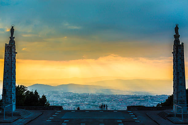Sameiro Sanctuary is a Marian shrine in Braga, Portugal, where construction began on 14 of July of 1863. This sunset view esplanade of Braga city seen below is a favourite tourist attraction.