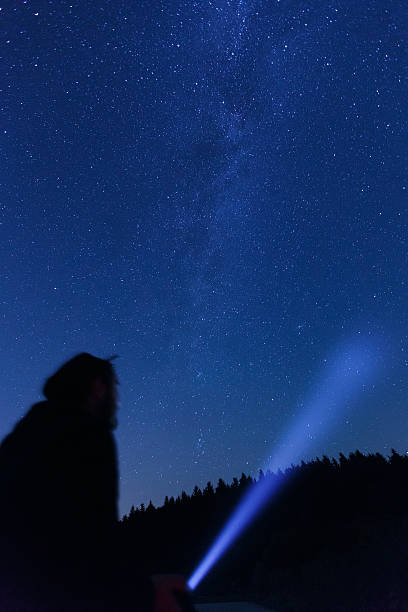 istock Man observing beautiful, wide blue night sky with stars 487060458