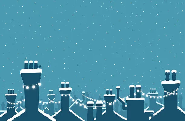 Vector illustration of Christmas snow covered chimneys strung with lights