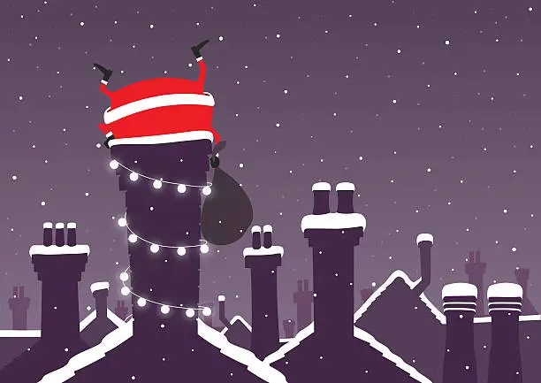 Vector illustration of Santa stuck down a chimney at Christmas with snow