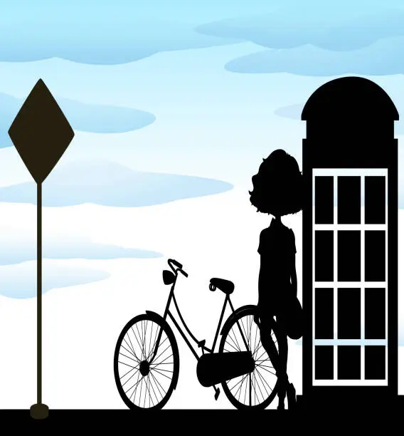 Vector illustration of Silhouette  woman standing  bicycle