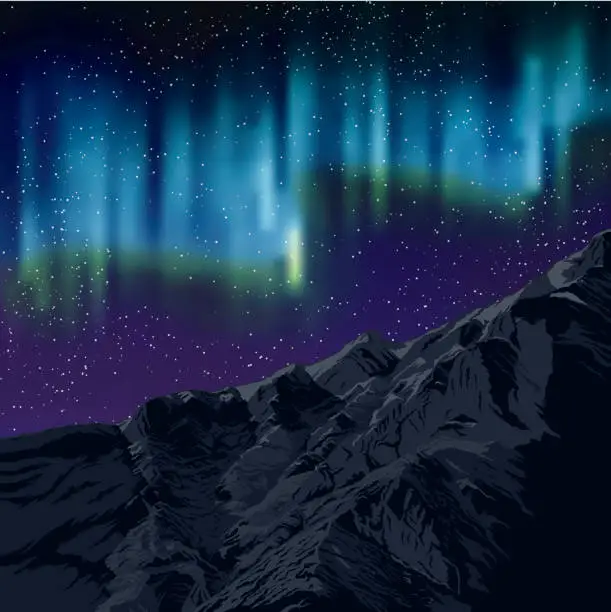 Vector illustration of Northern Lights Over Mountains Background With Stars