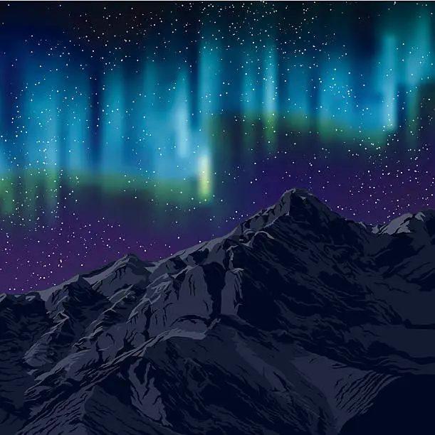Vector illustration of Northern Lights Over Mountains Background With Stars