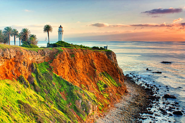 Point Vicente Lighthouse Point Vicente Lighthouse as the sun sets over Catalina Island. rancho palos verdes stock pictures, royalty-free photos & images