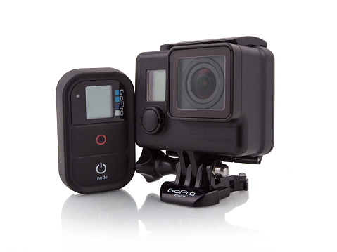 Belgrade, Serbia - August 18, 2015: GoPro camera isolated on white background. The GoPro Hero is a compact personal camera mostly used for action sports.
