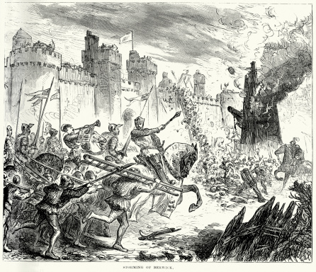 Vintage engraving of the Storming of Berwick in 1296, when an English army under under Robert de Clifford, 1st Baron de Clifford defeated the Scottish garrison under William the Hardy, Lord of Douglas.