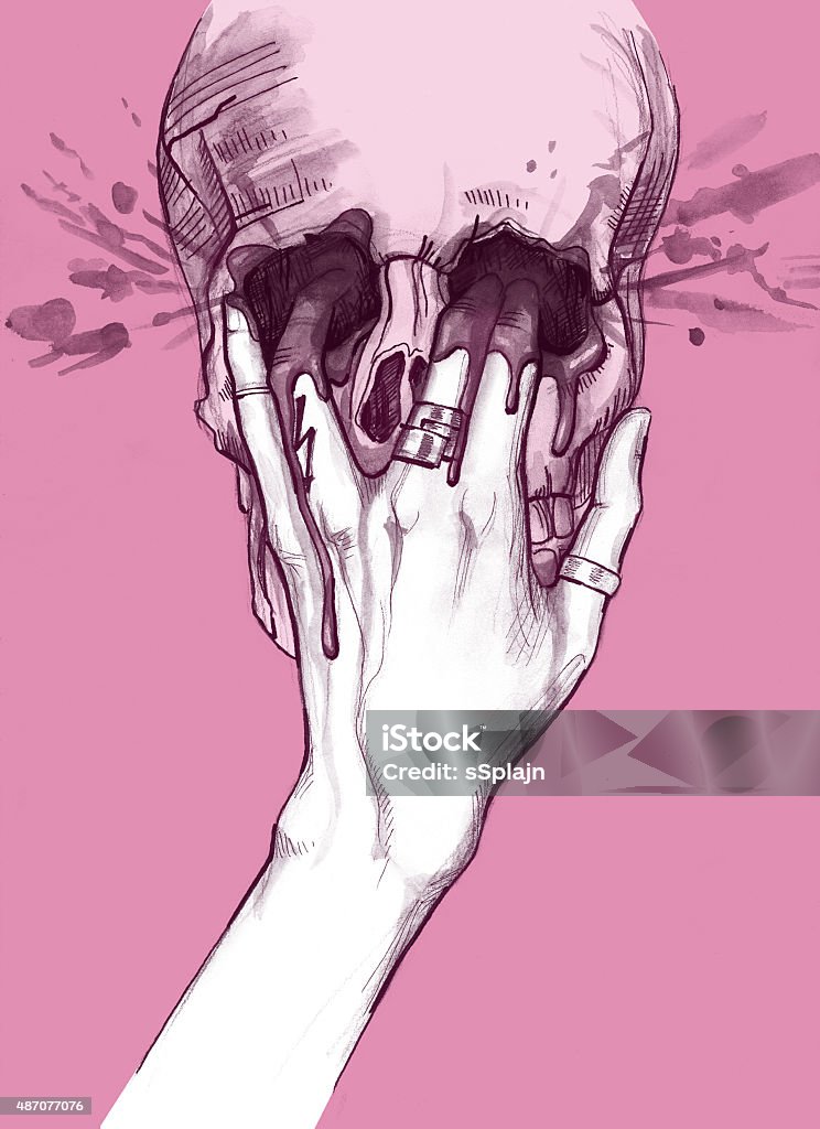 Think Pink Skull with female hand pushing its fingers inside. Blood leaking around. Watercolor painting base 2015 stock illustration