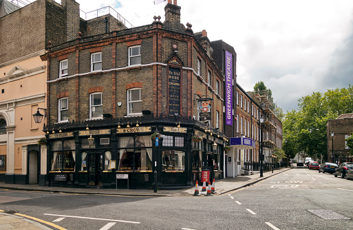 Greenwich, London, England - July 30, 2015: Ye Olde Rose and Crown pub next to the Greenwich Theatre in Greenwich, South East London. The Greenwich Theatre was built in 1855 as the Rose and Crown Music Hall.