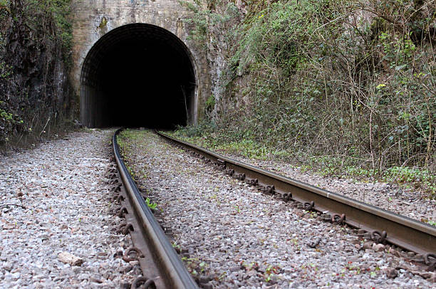 istock Image of rail road / railway train track disappearing into tunnel 487077515
