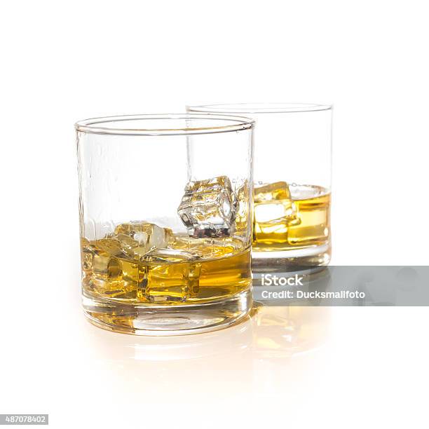 Whiskey Glasses With Ice Cubes Isolated On White Set Collage Stock Photo - Download Image Now