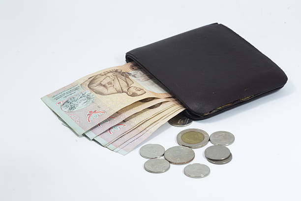 istock Brown wallet with Thai banknote and coins 487078486